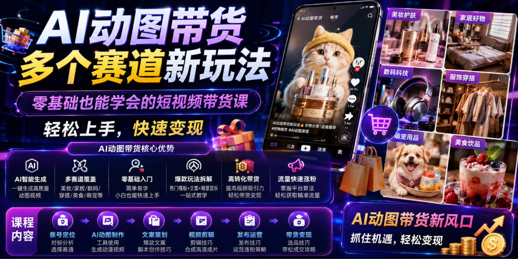 AI动图带货多个赛道新玩法，零基础也能学会的短视频带货课，轻松上手，快速变现-齐力副业