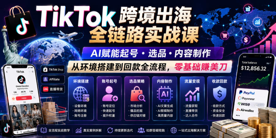 TikTok跨境出海全链路实战课,AI赋能起号・选品・内容制作,从环境搭建到回款全流程,零基础賺美刀-齐力副业