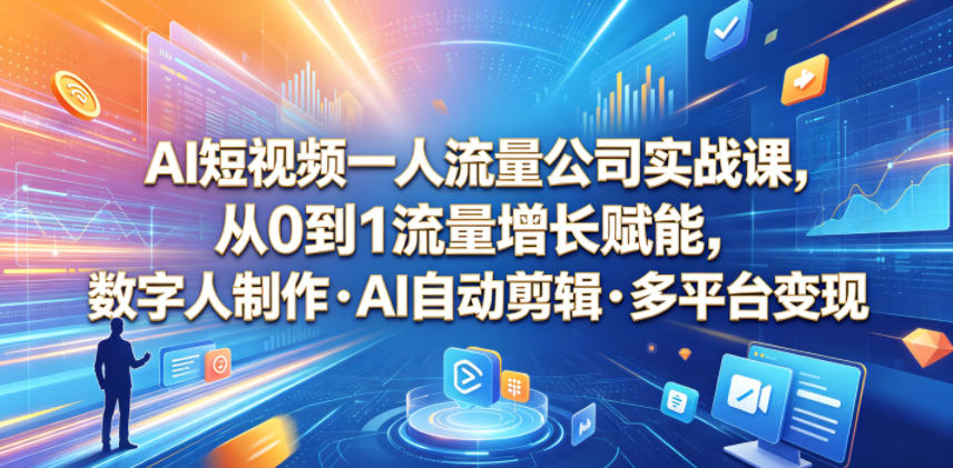 AI短视频一人流量公司实战课,从0到1流量增长赋能,数字人制作・AI自动剪辑・多平台变现,一人做流量生意全落地教程-齐力副业