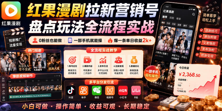 红果漫剧拉新营销号盘点玩法全流程实战,0粉丝也能做,一部手机就能做,爆一条单日收益2k+-齐力副业