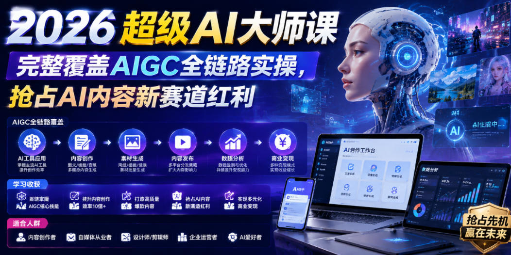 2026超级AI大师课,完整覆盖AIGC全链路实操,抢占AI内容新赛道红利插图 2026超级AI大师课,完整覆盖AIGC全链路实操,抢占AI内容新赛道红利插图