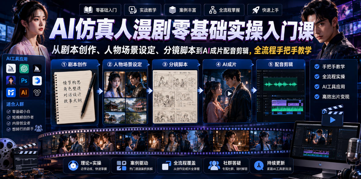 AI仿真人漫剧零基础实操入门课，从剧本创作、人物场景设定、分镜脚本到AI成片配音剪辑，全流程手把手教学-齐力副业