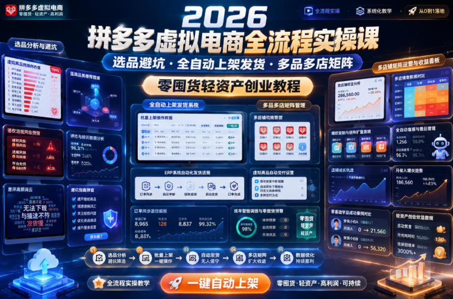 2026拼多多虚拟电商全流程实操课,选品避坑・全自动上架发货・多品多店矩阵,零囤货轻资产创业教程-齐力副业
