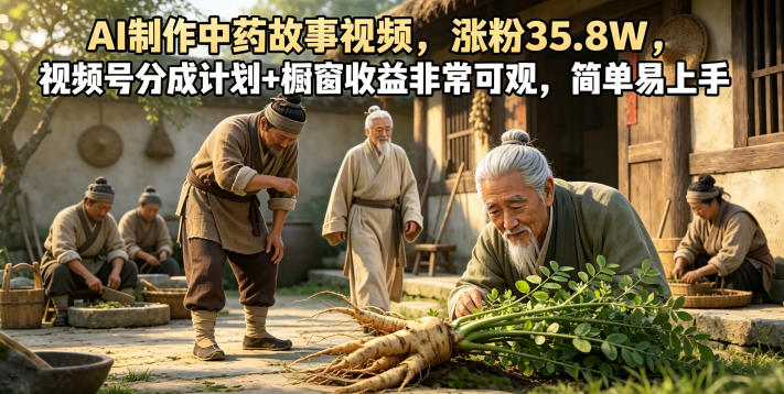 AI制作中药故事视频，涨粉35.8W，视频号分成计划+橱窗收益非常可观，简单易上手-齐力副业