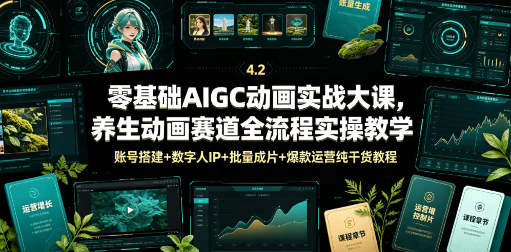 零基础AIGC动画实战大课，养生动画赛道全流程实操教学，账号搭建+数字人IP+批量成片+爆款运营纯干货教程-齐力副业