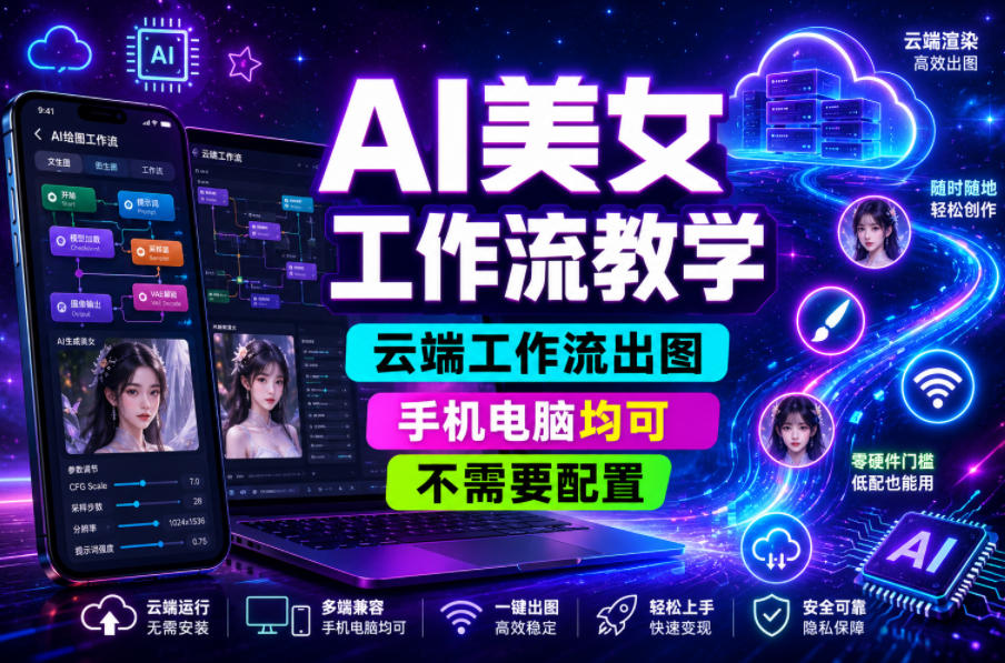 AI美女工作流教学,云端工作流出图,手机电脑均可,不需要配置,快速起号涨粉-齐力副业