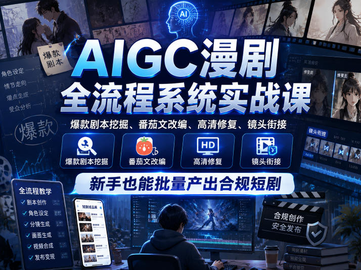 AIGC漫剧全流程系统实战课，爆款剧本挖掘、番茄文改编、高清修复、镜头衔接，新手也能批量产出合规短剧-齐力副业