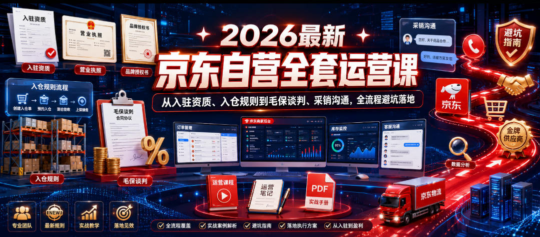 2026最新京东自营全套运营课,从入驻资质、入仓规则到毛保谈判、采销沟通,全流程避坑落地-齐力副业