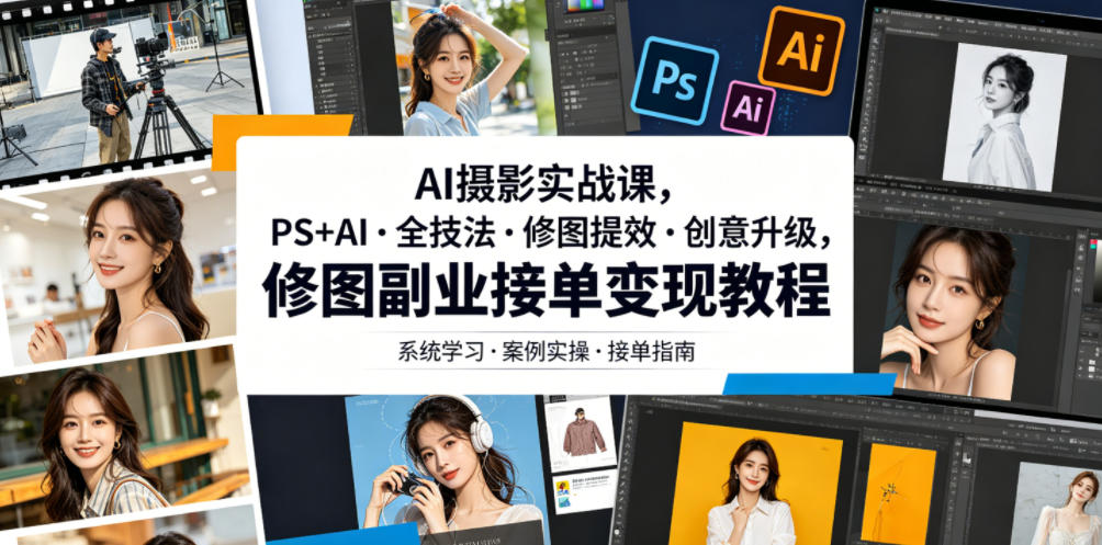 AI摄影实战课,PS+AI・全技法・修图提效・创意升级,修图副业接单变现教程-齐力副业