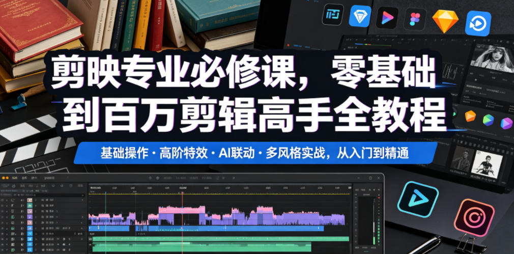 剪映专业必修课,零基础到百万剪辑高手全教程,基础操作・高阶特效・AI联动・多风格实战,从入门到精通-齐力副业