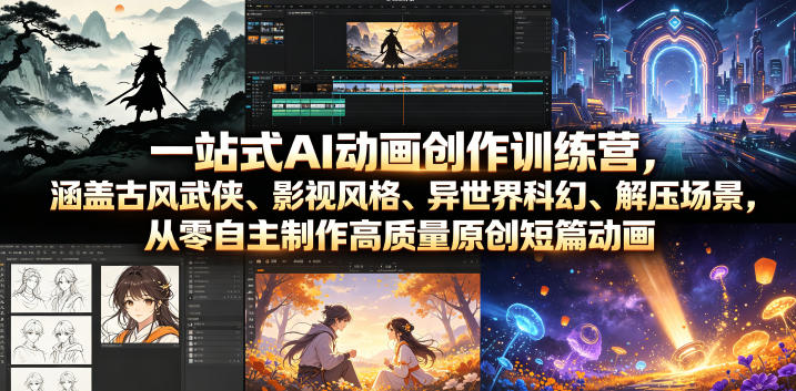 一站式AI动画创作训练营,涵盖古风武侠、影视风格、异世界科幻、解压场景,从零自主制作高质量原创短篇动画-齐力副业