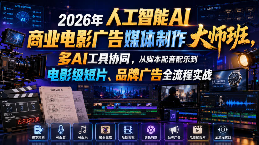 2026年人工智能AI商业电影广告媒体制作大师班,多AI工具协同,从脚本配音配乐到电影级短片、品牌广告全流程实战(中英字幕)-齐力副业