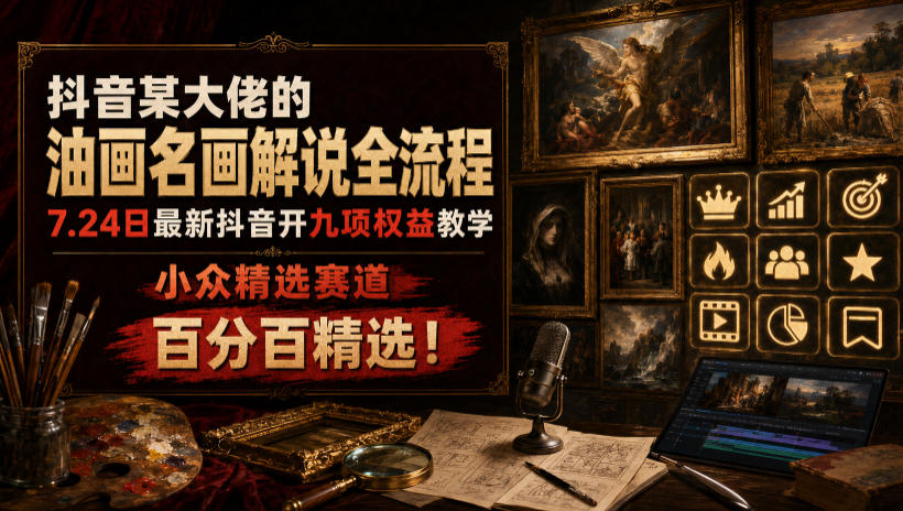 抖音某大佬的油画名画解说全流程,7.24日最新抖音开九项权益教学,小众精选赛道,百分百精选!-齐力副业