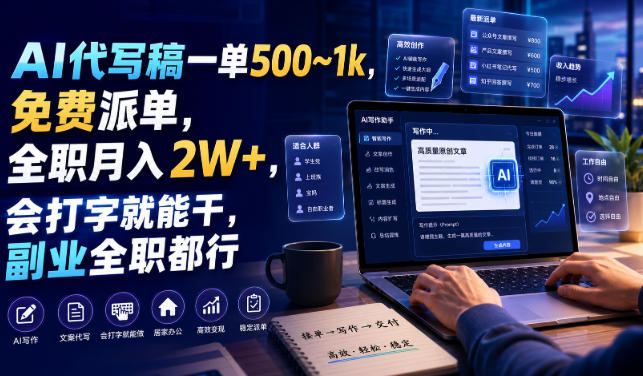 AI代写稿一单500~1k,免费派单,全职月入2W+,会打字就能干,副业全职都行【揭秘】-齐力副业