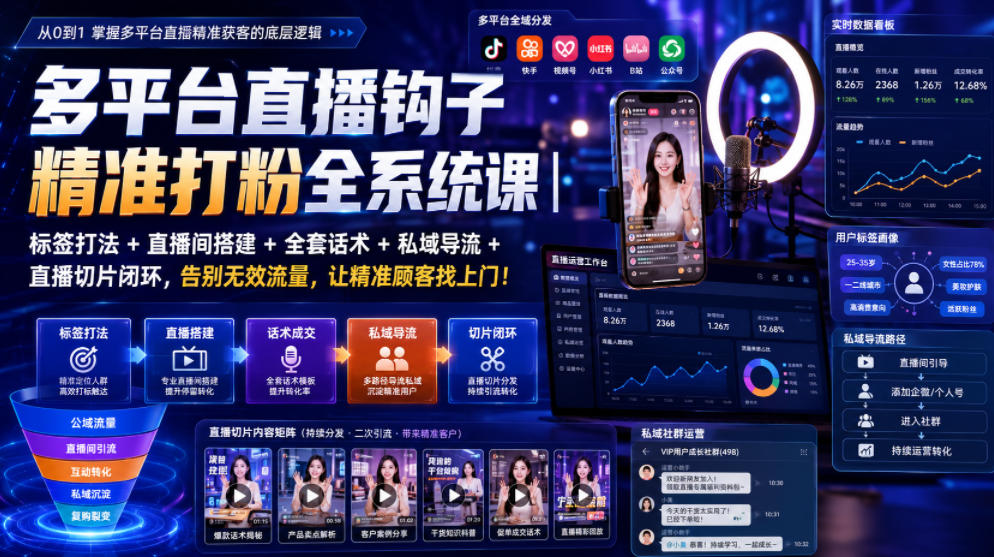 多平台直播钩子精准打粉全系统课｜标签打法+直播间搭建+全套话术+私域导流+直播切片闭环，告别无效流量，让精准顾客找上门！-齐力副业