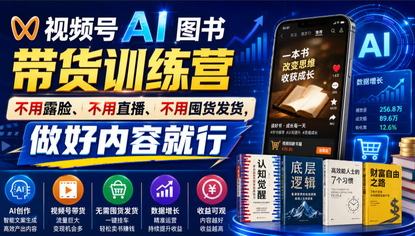 视频号AI图书带货训练营,不用露脸、不用直播、不用囤货发货,做好内容就行,一条爆款视频佣金8942-齐力副业