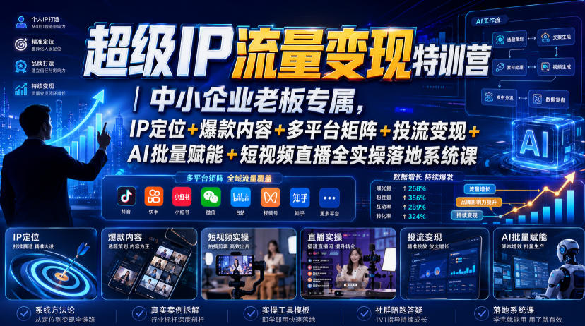 超级IP流量变现特训营|中小企业老板专属,IP定位+爆款内容+多平台矩阵+投流变现+AI批量赋能+短视频直播全实操落地系统课-齐力副业