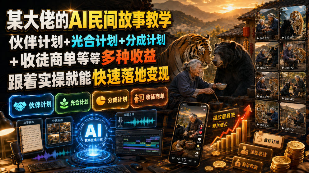 某大佬的AI民间故事教学,伙伴计划+光合计划+分成计划+收徒商单等多种收益,跟着实操就能快速落地变现-齐力副业