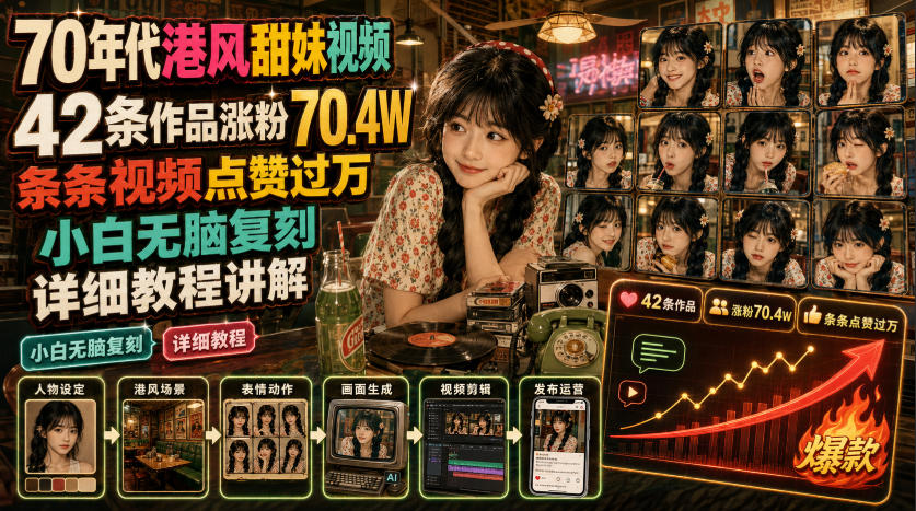 70年代港风甜妹视频,42条作品涨粉70.4W,条条视频点赞过万,小白无脑复刻,详细教程讲解-齐力副业