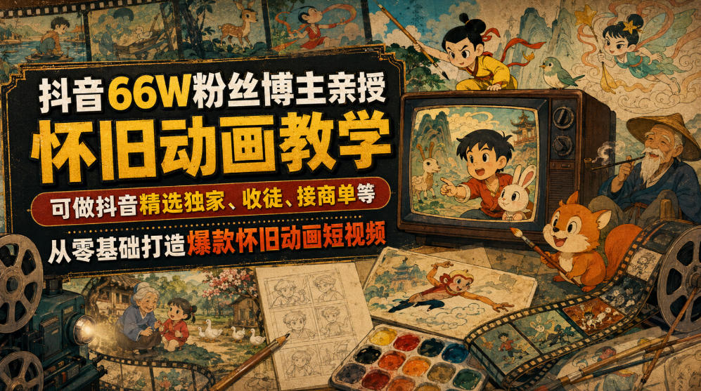 抖音66W粉丝博主亲授怀旧动画教学,可做抖音精选独家、收徒、接商单等,从零基础打造爆款怀旧动画短视频-齐力副业