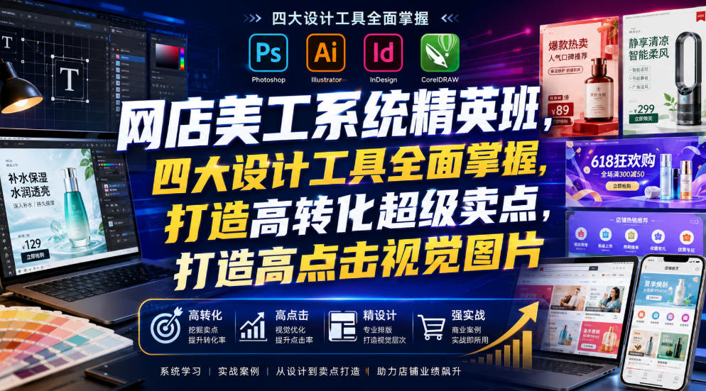 网店美工系统精英班,四大设计工具全面掌握,打造高转化超级卖点,打造高点击视觉图片(2026年7月)-齐力副业