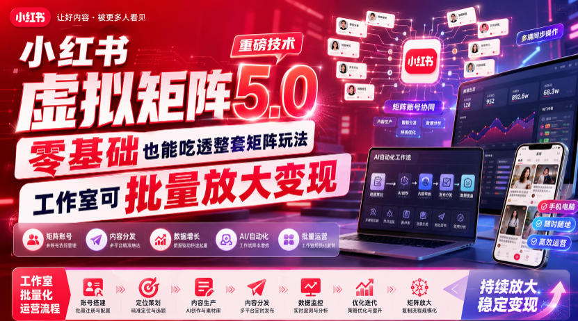 小红书虚拟矩阵5.0重磅技术,零基础也能吃透整套矩阵玩法,工作室可批量放大变现-齐力副业