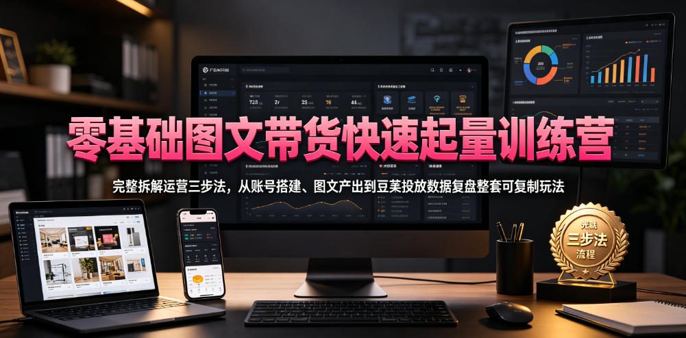 零基础图文带货快速起量训练营,完整拆解运营三步法,从账号搭建、图文产出到豆荚投放数据复盘整套可复制玩法-齐力副业