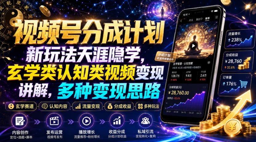视频号分成计划新玩法天涯隐学，玄学类认知类视频变现讲解，多种变现思路-齐力副业
