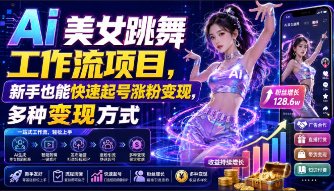 Ai美女跳舞工作流项目，新手也能快速起号涨粉变现，多种变现方式-齐力副业