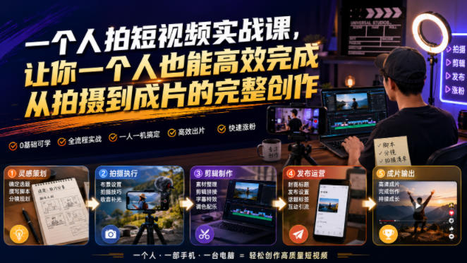 一个人拍短视频实战课，让你一个人也能高效完成从拍摄到成片的完整创作-齐力副业