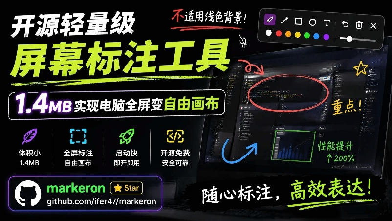 开源轻量级屏幕标注工具,1.4MB实现电脑全屏变自由画布!支持8种标注工具和全键盘操控MarkerOn-齐力副业