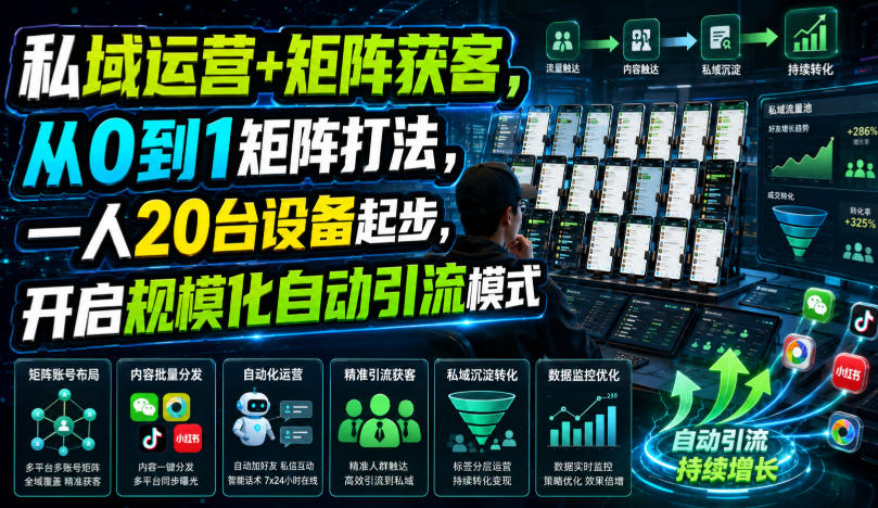 私域运营+矩阵获客,从0到1矩阵打法,一人20台设备起步,开启规模化自动引流模式!-齐力副业