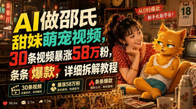 AI做邵氏甜妹萌宠视频,30条视频暴涨58万粉,条条爆款,详细拆解教程-齐力副业