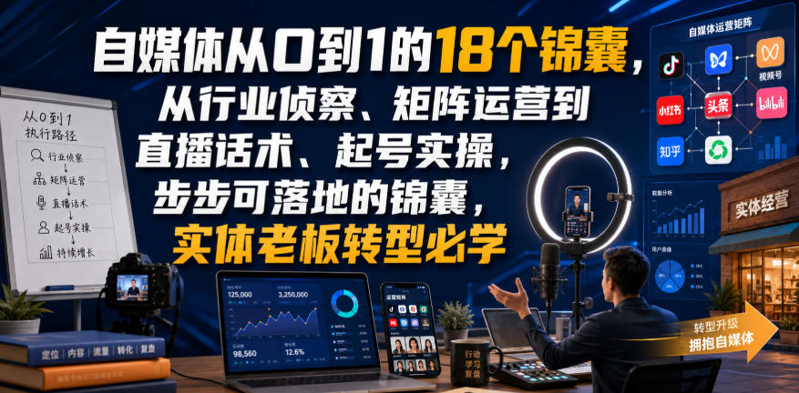 自媒体从0到1的18个锦囊，从行业侦察、矩阵运营到直播话术、起号实操，步步可落地的锦囊，实体老板转型必学-齐力副业