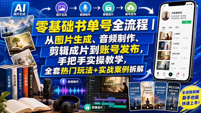 零基础书单号全流程|从图片生成、音频制作、剪辑成片到账号发布,手把手实操教学,全套热门玩法+实战案例拆解插图 零基础书单号全流程|从图片生成、音频制作、剪辑成片到账号发布,手把手实操教学,全套热门玩法+实战案例拆解插图