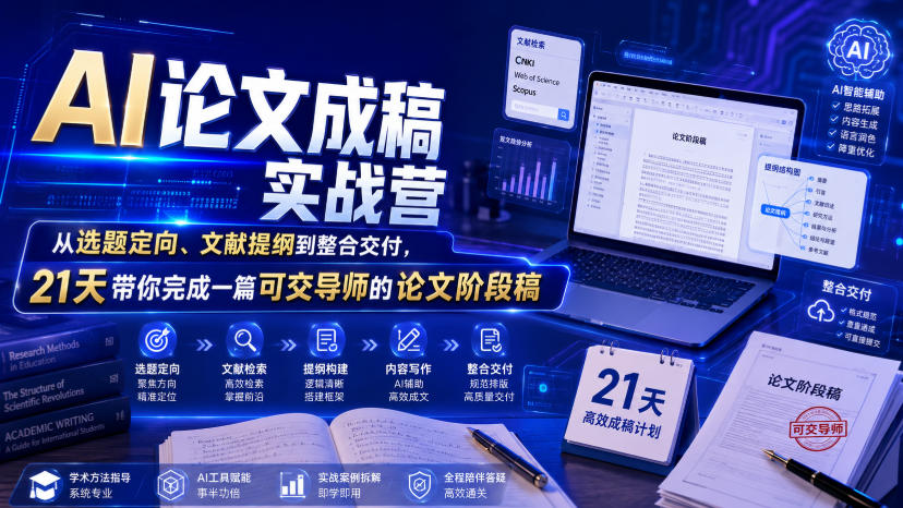 AI论文成稿实战营，从选题定向、文献提纲到整合交付，21天带你完成一篇可交导师的论文阶段稿-齐力副业
