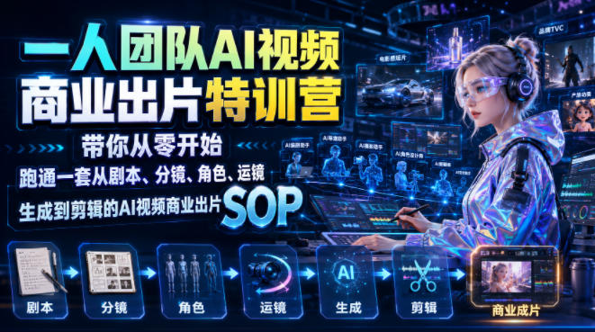一人团队AI视频商业出片实战课：带你从零开始跑通一套从剧本、分镜、角色、运镜、生成到剪辑的AI视频商业出片SOP-齐力副业