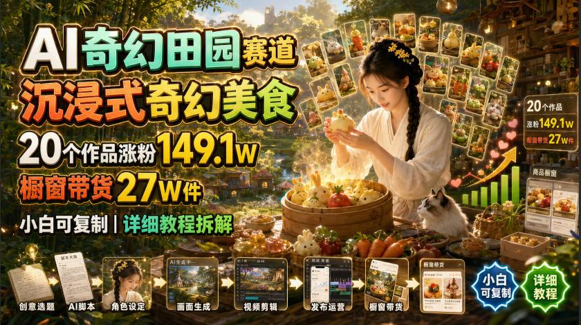 AI奇幻田园赛道,沉浸式奇幻美食,20个作品涨粉149.1W,橱窗带货27W件,小白可复制,详细教程拆解-齐力副业