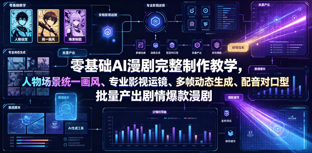 零基础AI漫剧完整制作教学,人物场景统一画风、专业影视运镜、多帧动态生成、配音对口型,批量产出剧情爆款漫剧-齐力副业