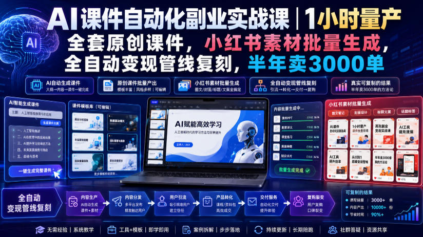 AI课件自动化副业实战课｜1小时量产全套原创课件，小红书素材批量生成，全自动变现管线复刻，半年卖3000单-齐力副业