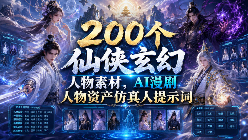 200个仙侠玄幻人物素材，AI漫剧人物资产仿真人提示词-齐力副业