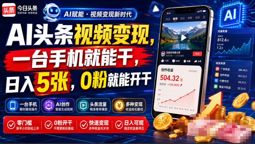 AI头条视频变现，一台手机就能干，日入5张，0粉就能开干-齐力副业