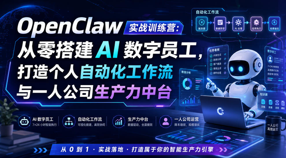 OpenClaw实战训练营：从零搭建AI数字员工，打造个人自动化工作流与一人公司生产力中台-齐力副业