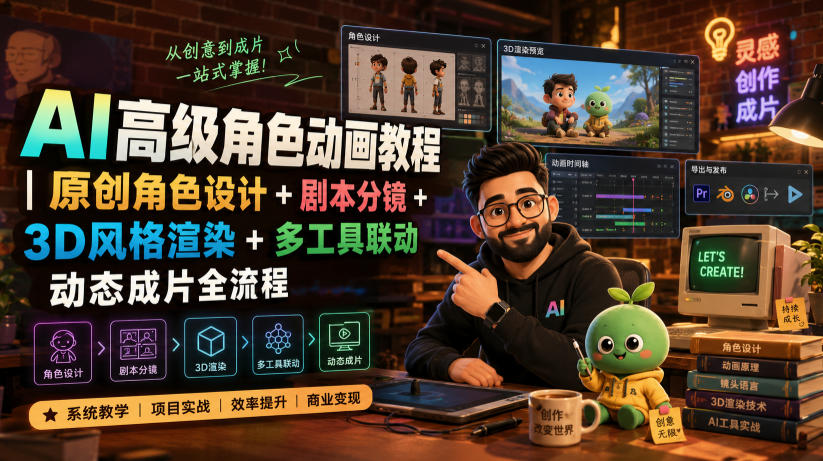 AI高级角色动画教程｜原创角色设计+剧本分镜+3D风格渲染+多工具联动动态成片全流程【中英字幕】-齐力副业