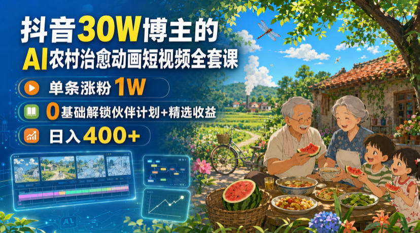 抖音30W博主的AI农村治愈动画短视频全套课|单条涨粉1W,0基础解锁伙伴计划+精选收益,日入400+-齐力副业