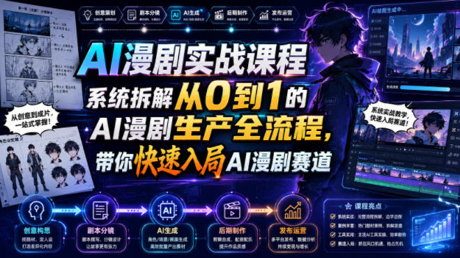 AI漫剧实战课程,系统拆解从0到1的AI漫剧生产全流程,带你快速入局AI漫剧赛道-齐力副业