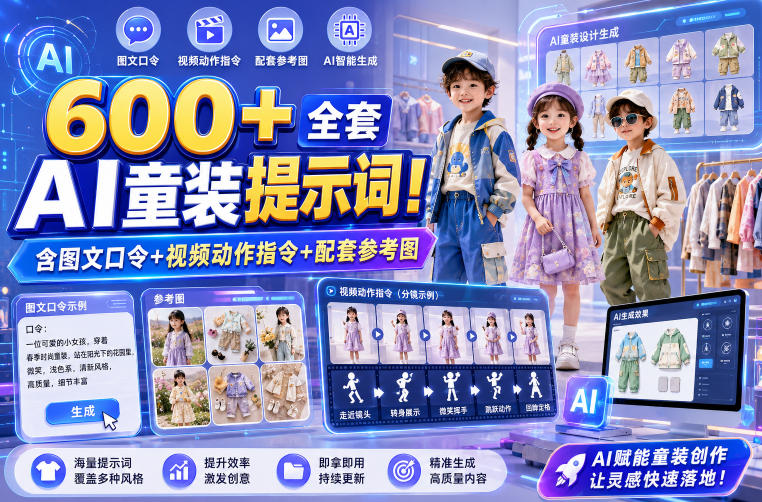 600+全套AI童装提示词！含图文口令+视频动作指令+配套参考图，Word-Excel规整分类，童装电商、种草无脑量产内容！-齐力副业