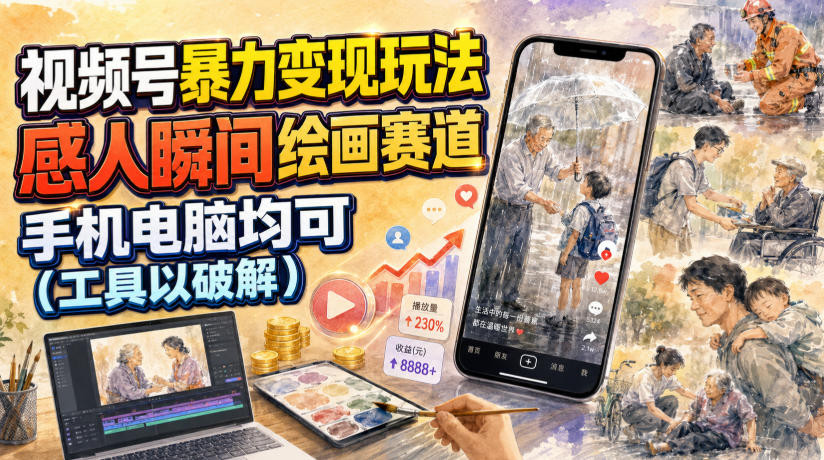 视频号暴力变现玩法,感人瞬间绘画赛道,手机电脑均可-齐力副业