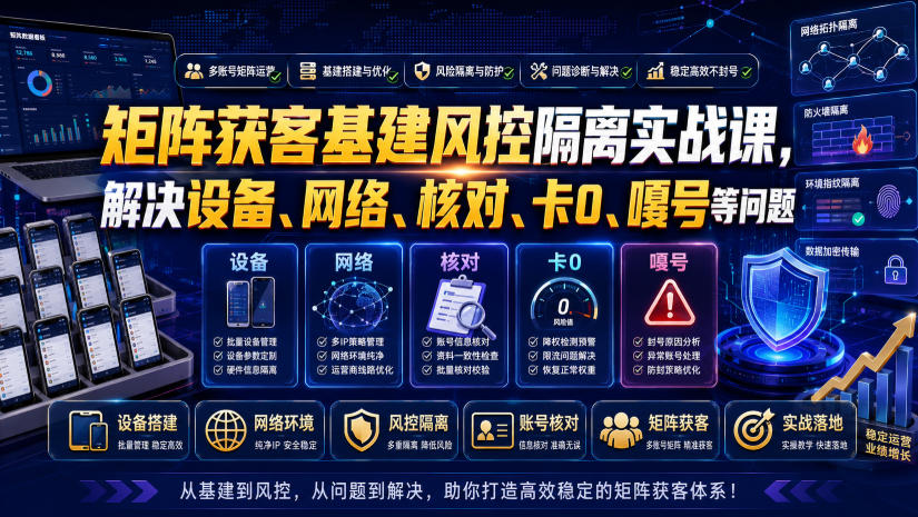 矩阵获客基建风控隔离实战课，解决设备、网络、核对、卡0、嘎号等问题-齐力副业