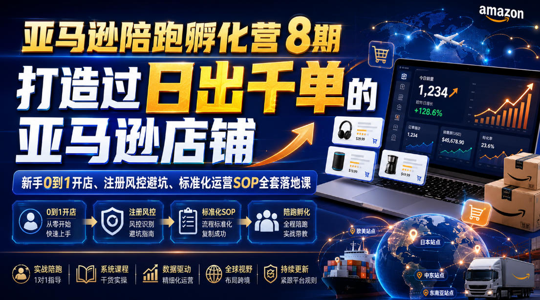 亚马逊陪跑孵化营8期,打造过日出千单的亚马逊店铺,新手0到1开店、注册风控避坑、标准化运营SOP全套落地课-齐力副业